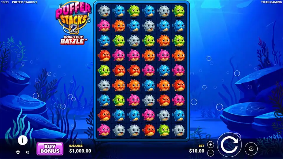 Base game screen of Puffer Stacks 2 slot showing colorful puffer fish symbols on a tall underwater grid layout.