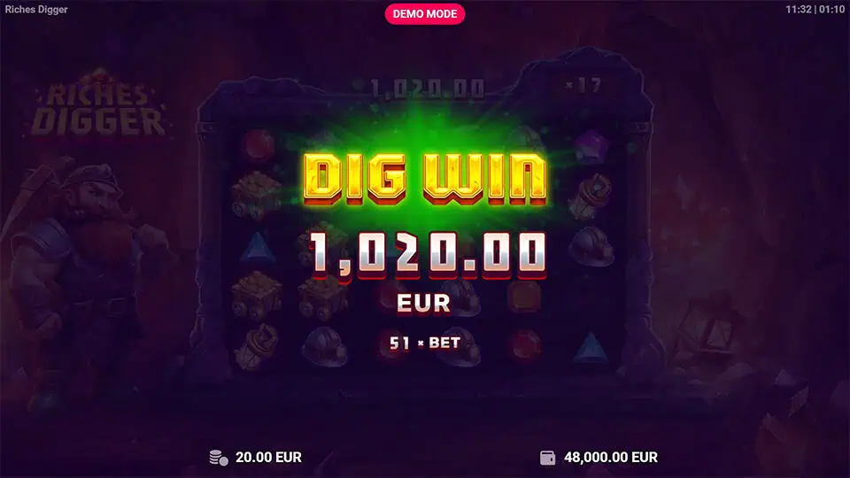 Dig Win screen in Riches Digger slot displaying large yellow and red text with green light burst and background reels.
