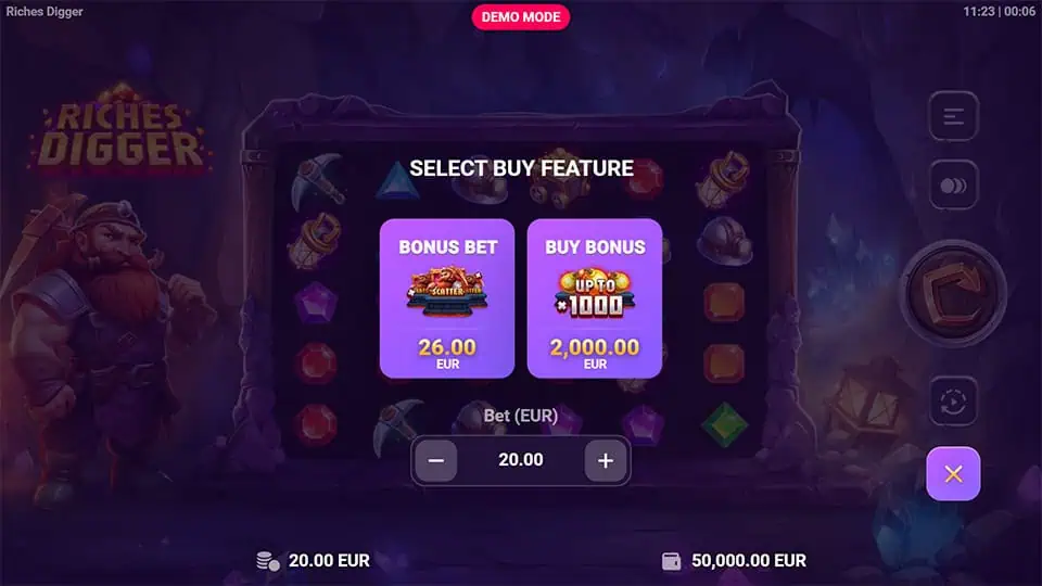 Buy feature menu in Riches Digger slot offering Bonus Bet and Buy Bonus options with selectable bet amounts.
