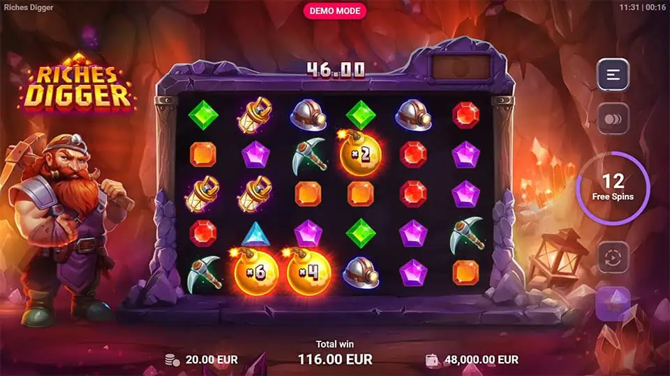 Active free spins round in Riches Digger slot showing multiplier bombs like ×6, ×4, and ×2 exploding among gem symbols.