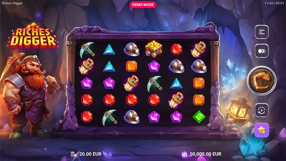 Base gameplay screen of Riches Digger slot showing vibrant gem symbols, pickaxes, and bonus elements within a glowing underground cavern.