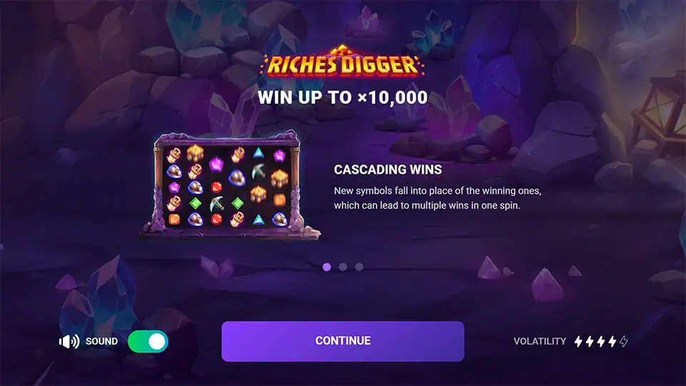 Intro panel for Riches Digger slot highlighting Cascading Wins and a max win of 10,000x with glowing crystals in the background.