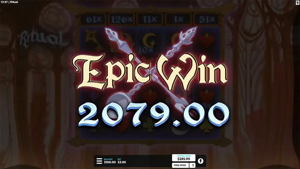 Epic Win display in Ritual slot with crossed spears and glowing 2079.00 win text over blurred reels, emphasizing a big payout moment.
