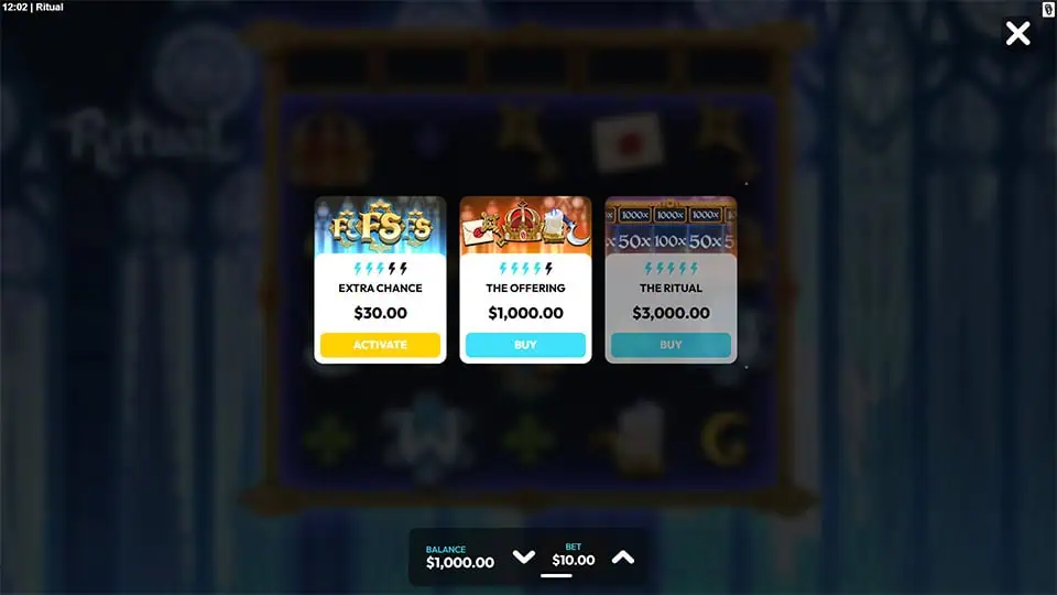 Ritual slot feature buy menu offering Extra Chance, The Offering, and The Ritual options, each linked to different bonus mechanics.