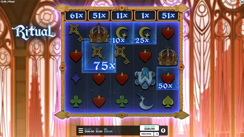 Ritual bonus round showcasing active multipliers above the reels with values like 75x and 50x applied to symbol combinations.