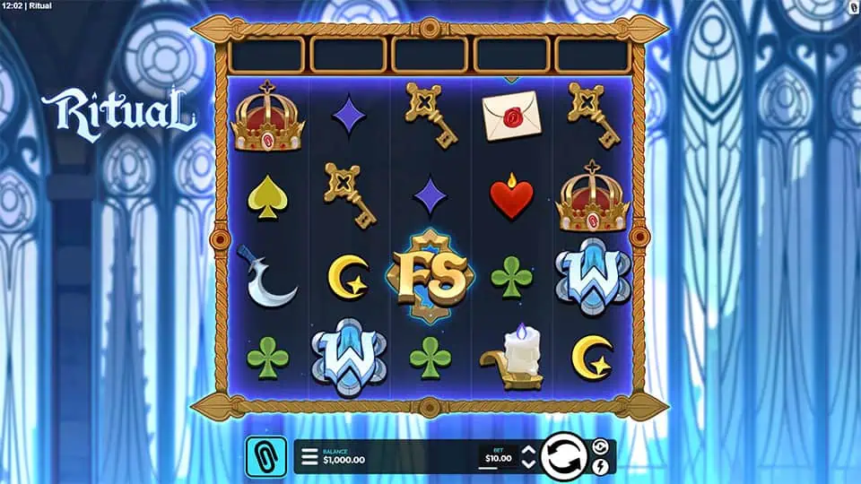 Base game screen of Ritual slot showing fantasy-themed symbols like crowns, candles, keys, and moons against glowing blue reels.
