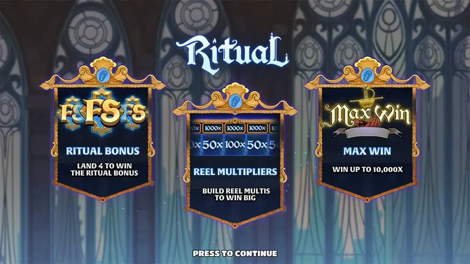 Ritual slot intro screen highlighting game features like the Ritual Bonus, Reel Multipliers, and a 10,000x max win, styled on ornate banners.