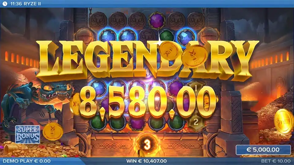 “LEGENDARY” banner with gold coins flying over glowing gem reels.