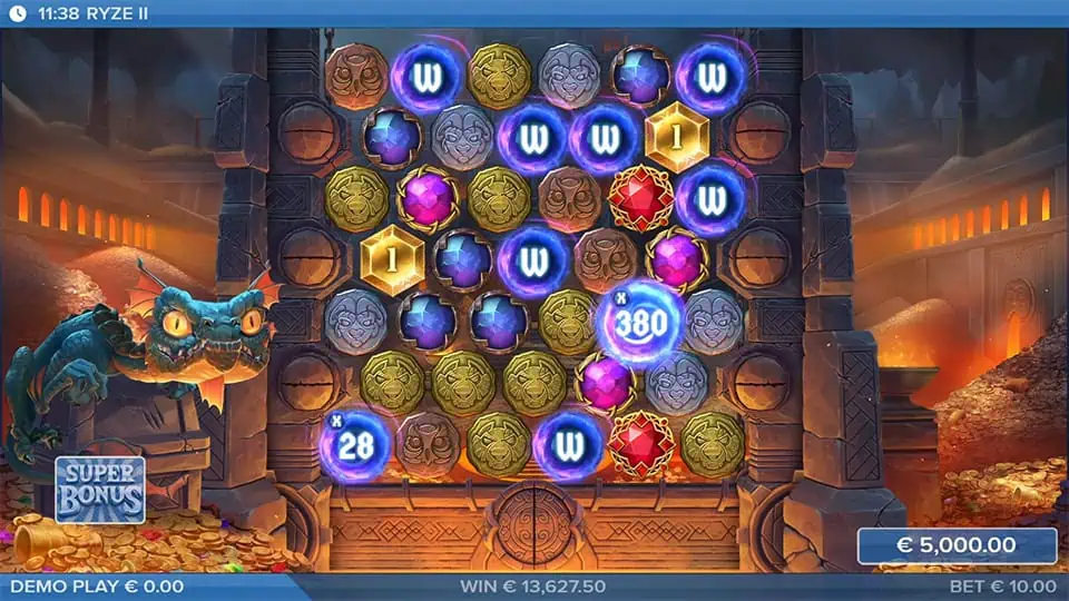 Reels showing multiple blue wilds and a large x380 multiplier in play.