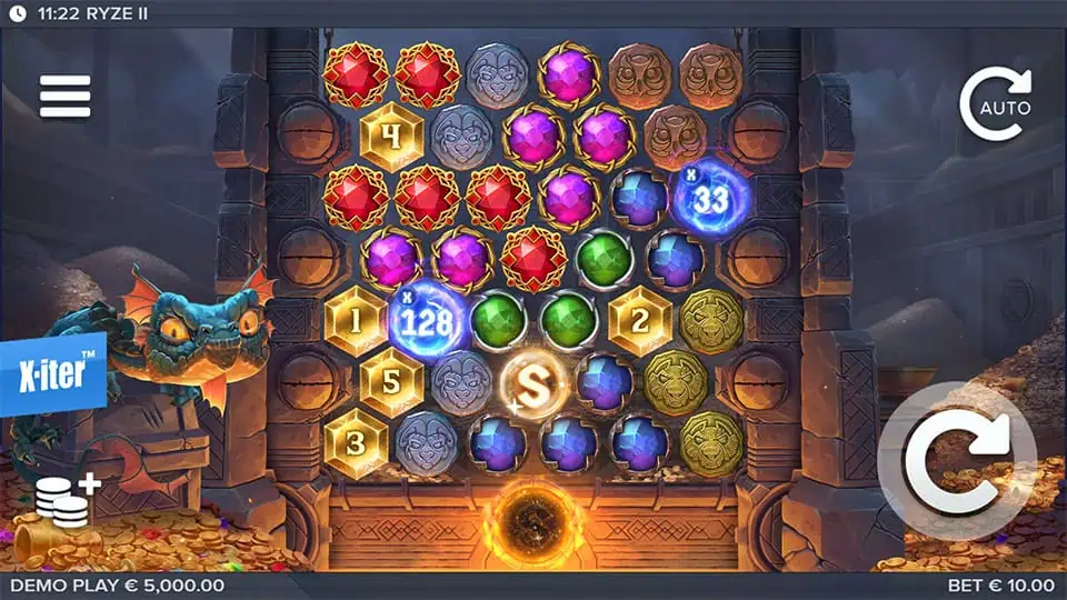 Tall grid packed with colored gems, coin values, and multiplier orbs.