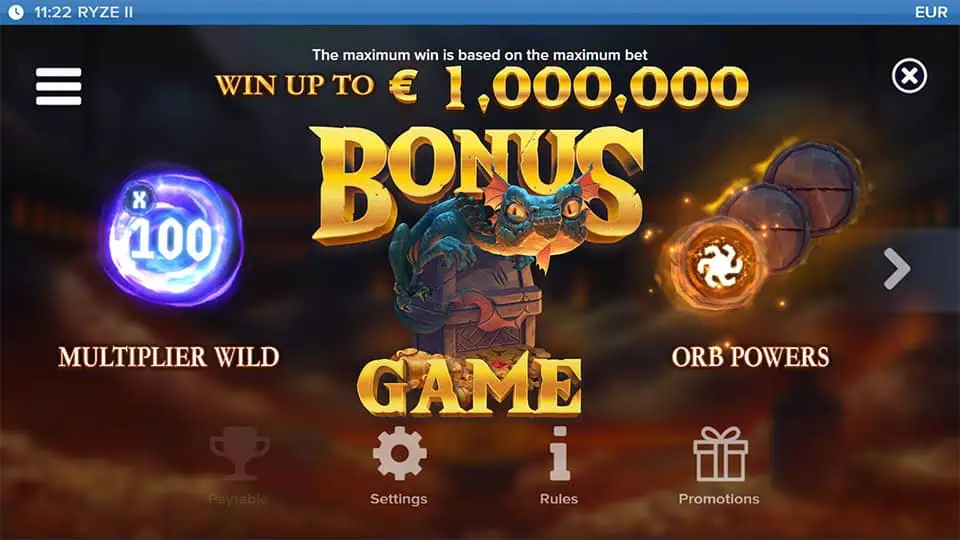 Bonus game explainer with dragon, orb powers, and multiplier wild visuals.