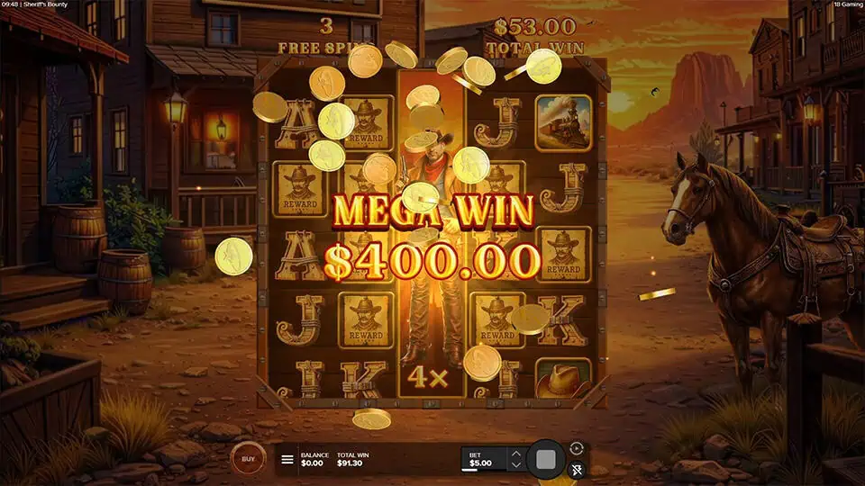 Mega Win screen in Sheriff's Bounty slot with golden coins flying and win message over reels during free spins.