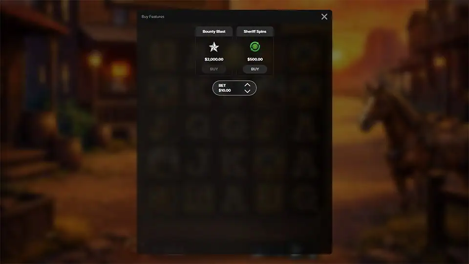 Bonus buy menu in Sheriff's Bounty slot featuring Bounty Blast and Sheriff Spins with adjustable bet size.