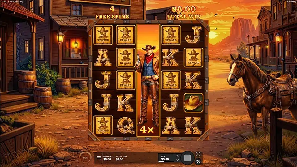 Sheriff's Bounty slot showing sticky expanding Wilds with a 4x multiplier during free spins round.