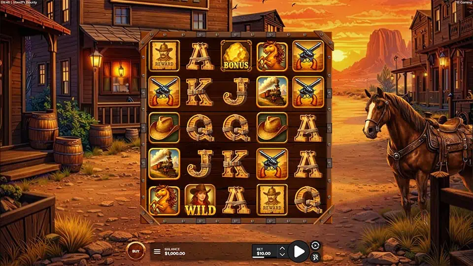 Base gameplay of Sheriff's Bounty slot showing cowboy-themed symbols, wilds, bonus icons, and a desert town backdrop.