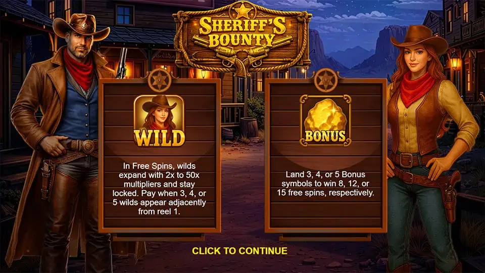 Intro screen for Sheriff's Bounty slot presenting Wild multipliers up to 50x and free spins triggered by bonus symbols.
