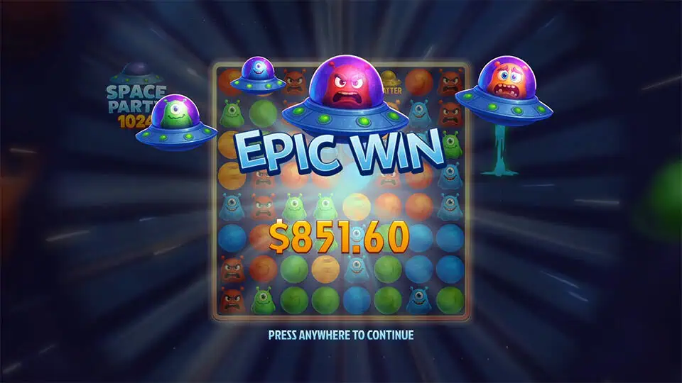 Epic Win screen in Space Party 1024 slot showing angry alien UFOs flying around a glowing win banner with bold cartoon visuals.
