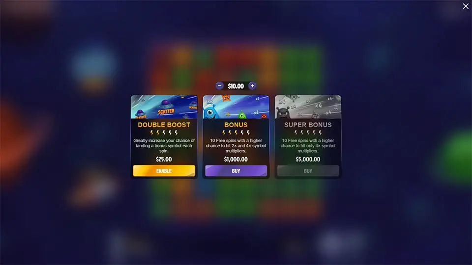 Buy Bonus menu in Space Party 1024 offering options like Double Boost, Bonus Spins, and Super Bonus for enhanced gameplay.