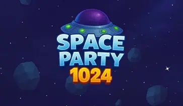 Space Party 1024 slot logo featuring a cartoon UFO on a starry background filled with floating asteroids.