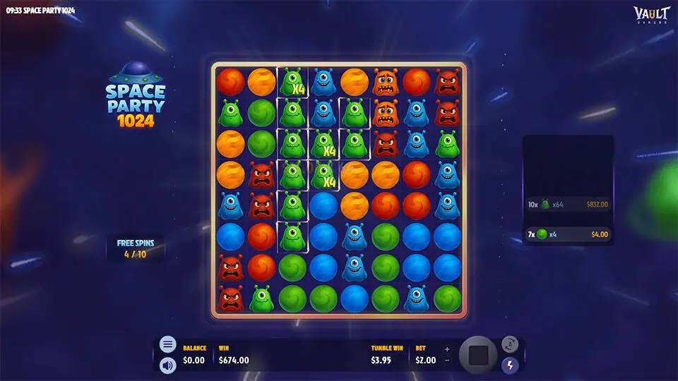 Active free spins in Space Party 1024 slot with random 4x multipliers appearing on symbols within the grid.