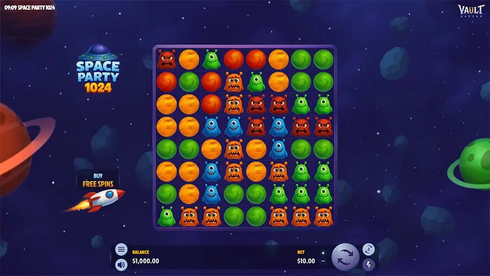 Base gameplay screen of Space Party 1024 slot with colorful alien symbols and planets in the background of a grid-based layout.