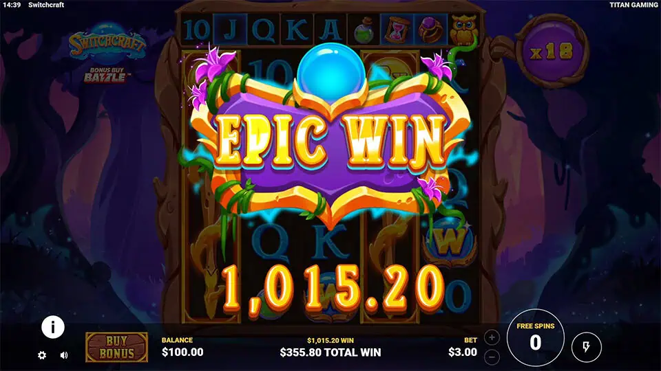 Epic Win display in Switchcraft slot with vibrant magical signage, glowing orb, and animated gold win text over enchanted reels.