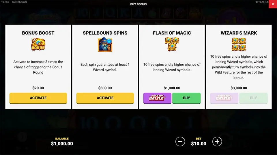 Bonus buy menu in Switchcraft slot featuring four options: Bonus Boost, Spellbound Spins, Flash of Magic, and Wizard’s Mark for enhanced bonus access.