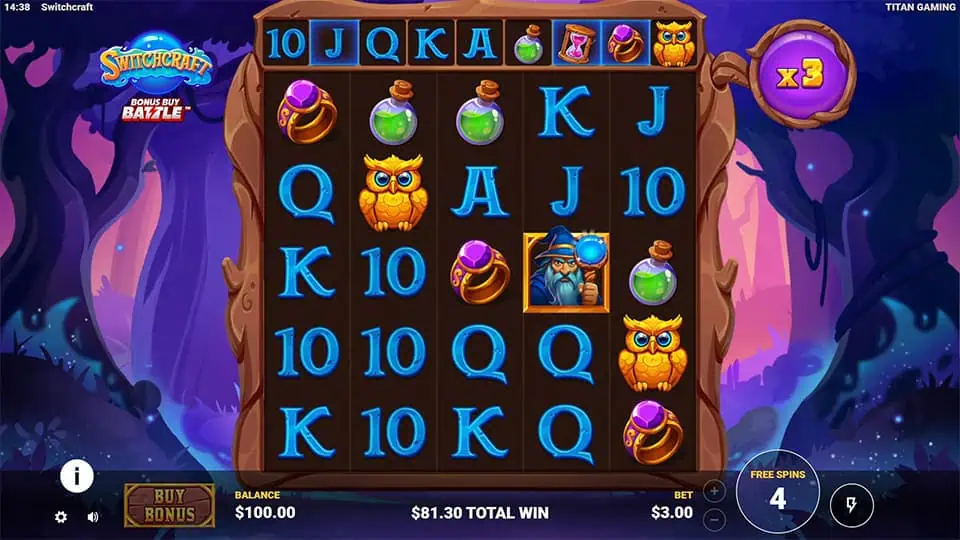 Wizard symbol in action transforming symbols into Wilds during bonus spins, with a x3 multiplier shown on the side.