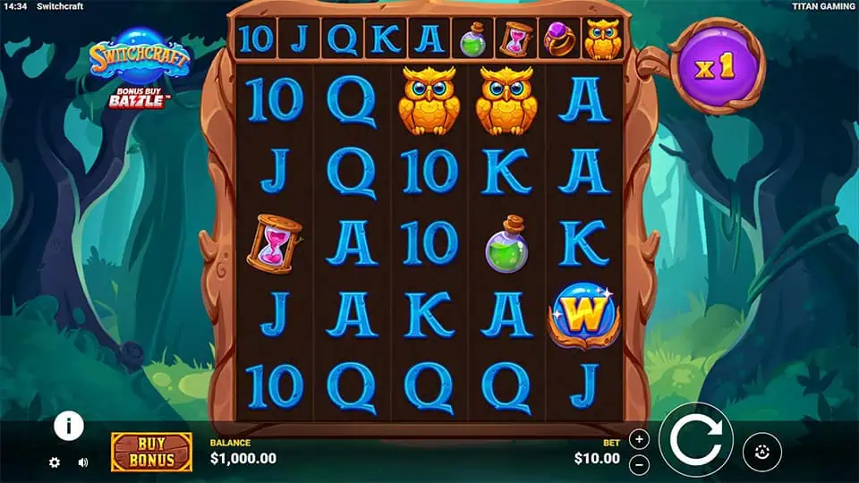 Base gameplay screen of Switchcraft slot with reels filled with potion bottles, owls, and wizard symbols, set in a glowing purple forest.