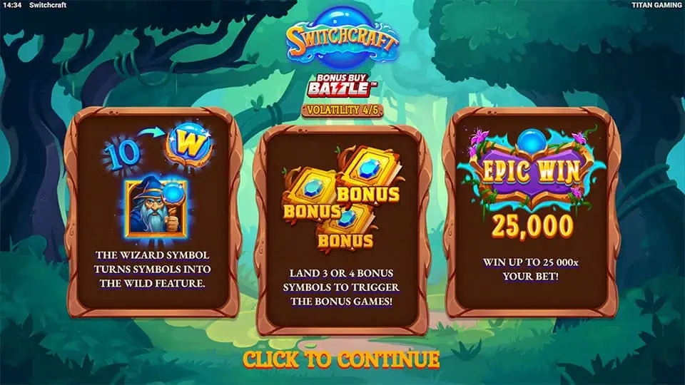 Intro panel for Switchcraft slot highlighting Wild Wizard symbol, Bonus trigger symbols, and up to 25,000x max win potential.