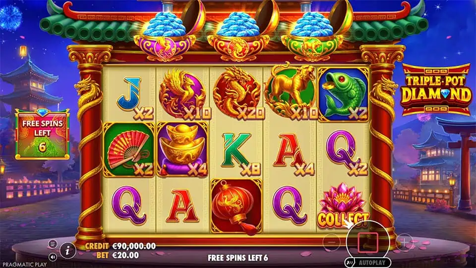 Triple Pot Diamond slot feature spot multipliers