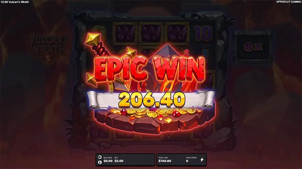 EPIC WIN screen in Vulcan's Wrath slot with glowing red text over lava-soaked reels and golden coins.