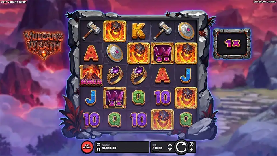 Base gameplay of Vulcan's Wrath slot with fiery reels, lava monster symbols, and active global multiplier.