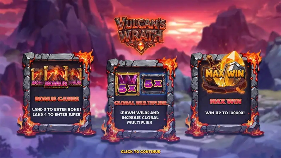 Intro panel for Vulcan's Wrath slot showcasing Bonus Games, Wild multipliers, and a max win of 10,000x.