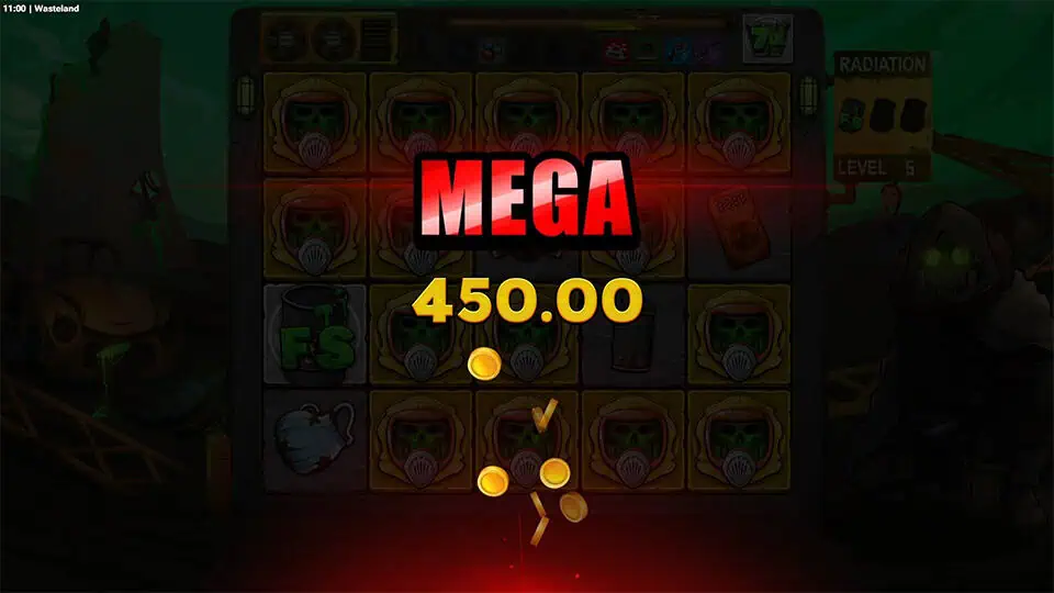 MEGA WIN screen in Wasteland slot with glowing red text and gold coins raining over gas mask symbols in a dark irradiated background.