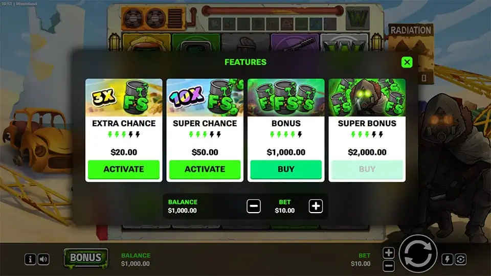 Wasteland bonus buy menu with Extra Chance, Super Chance, Bonus, and Super Bonus activation options, shown with green-themed cards.