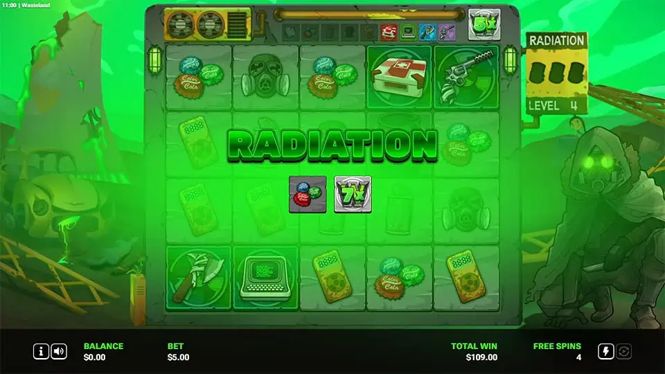Wasteland gameplay with “RADIATION” effect glowing green, showing radiation level bar progression and bonus-enhancing symbols.