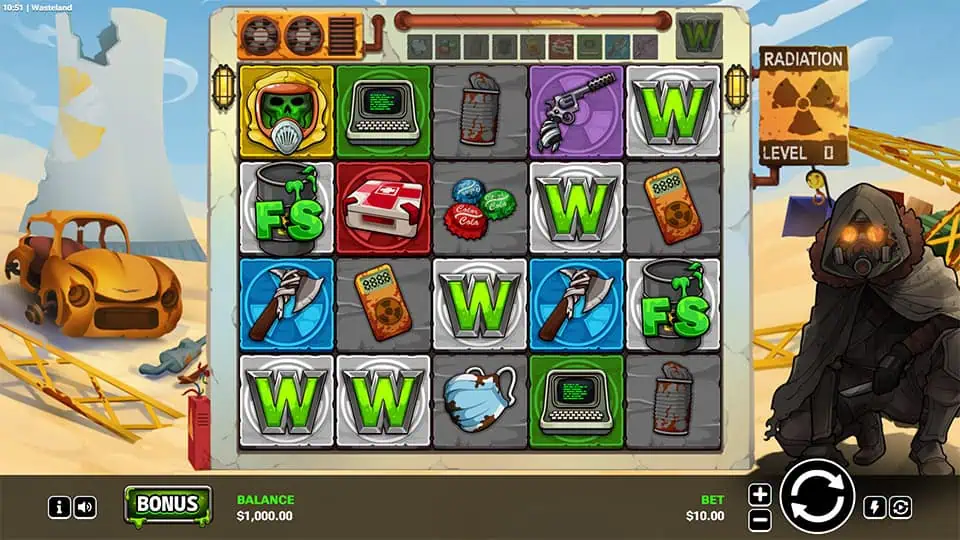 Base gameplay of Wasteland slot showing symbols like gas masks, canned food, and weapons with radiation level meter on the right.