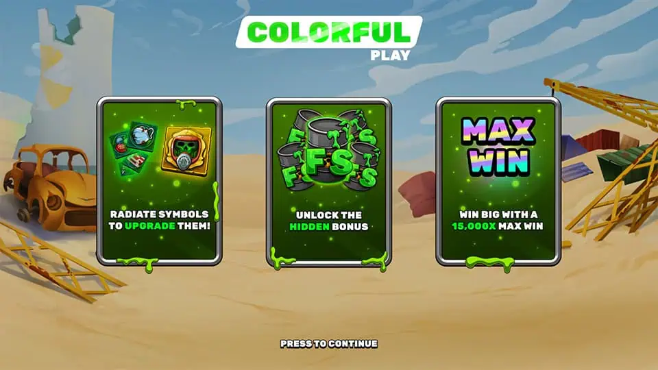 Wasteland slot intro highlighting symbol upgrades via radiation, hidden bonus triggers, and 15,000x max win potential.