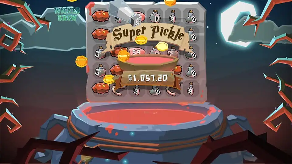 Super Pickle banner appears over spinning reels, with golden coins flying around and the cauldron glowing bright red under the moonlight.