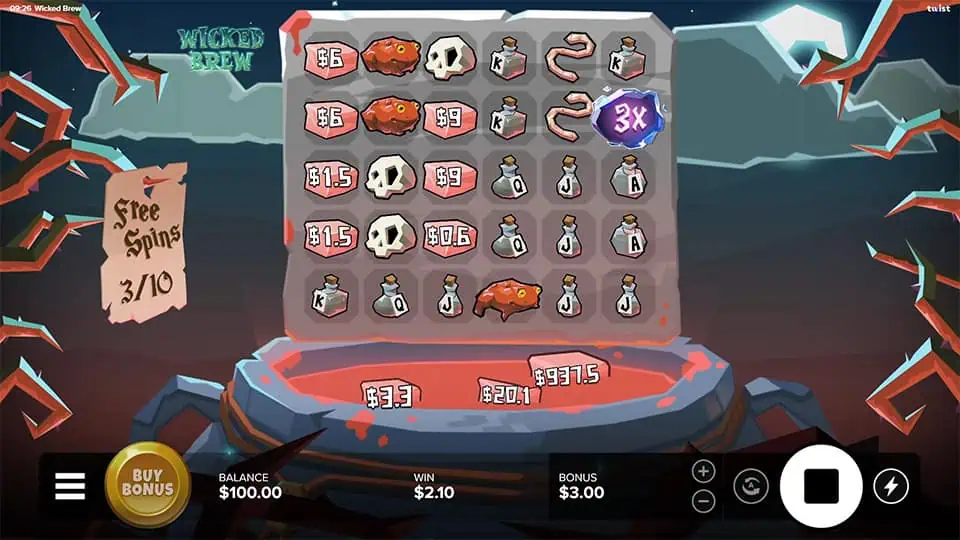 Free spins gameplay with a glowing purple 3x multiplier orb on the grid, boosting all prizes collected in the bubbling red cauldron.