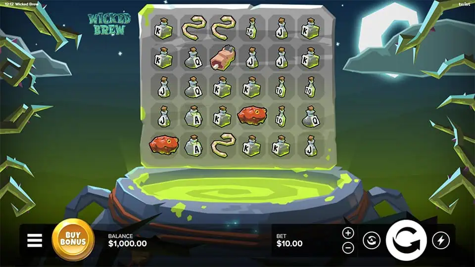 Hexagonal grid filled with eerie symbols like potions, worms, meat chunks, and playing card letters, all bubbling above a glowing green cauldron.