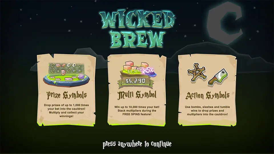 Feature preview showing Prize Symbols, Multiplier Symbols, and Action Symbols like bombs and blades, with a cauldron and parchment-style graphics.