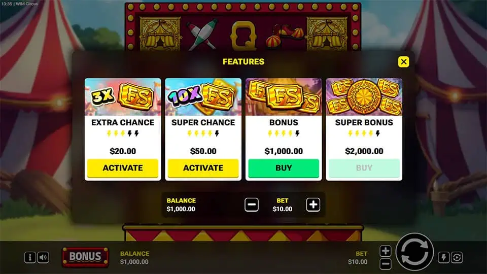 Bonus buy menu in Wild Circus offering four options including Extra Chance, Super Chance, Bonus, and Super Bonus with increasing volatility.