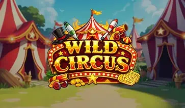 Wild Circus slot logo styled like a carnival sign, with juggling pins, cannons, and bonus symbols in a bright circus tent setting.