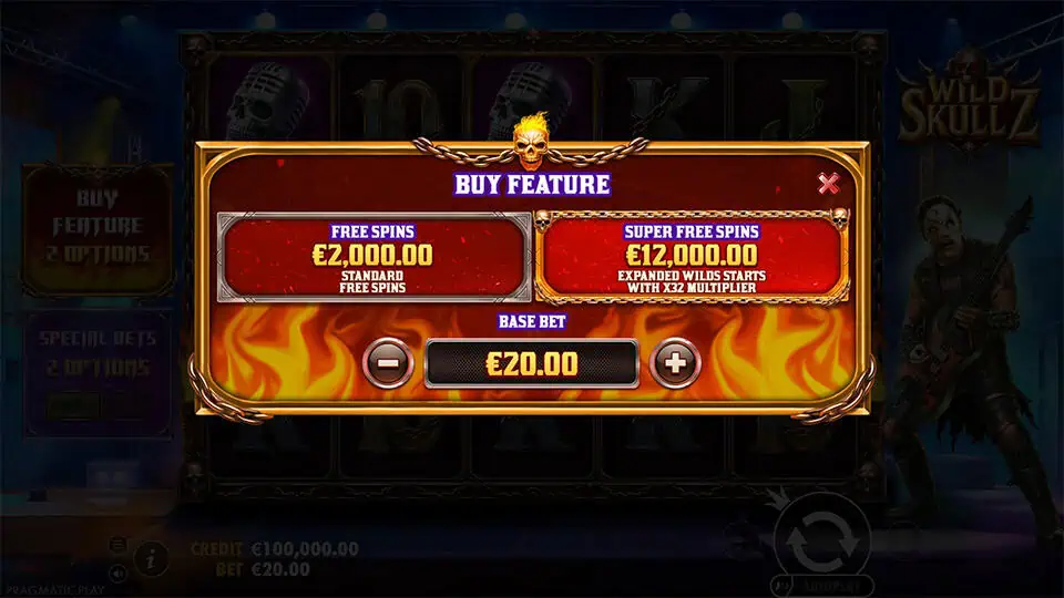 Buy menu offering Free Spins and Super Free Spins with multiplier boost.