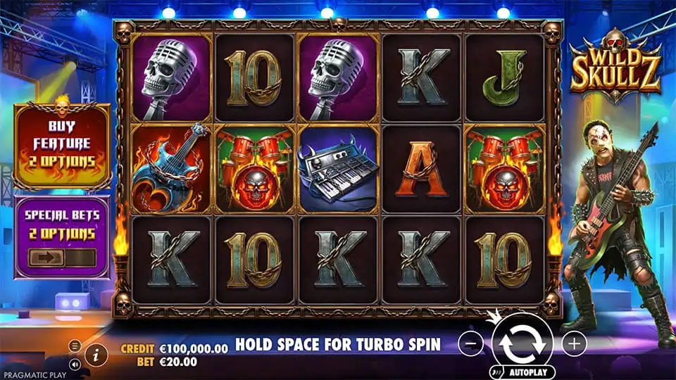 Dark reels with skull mics, guitars, keyboards, and fiery drum symbols.