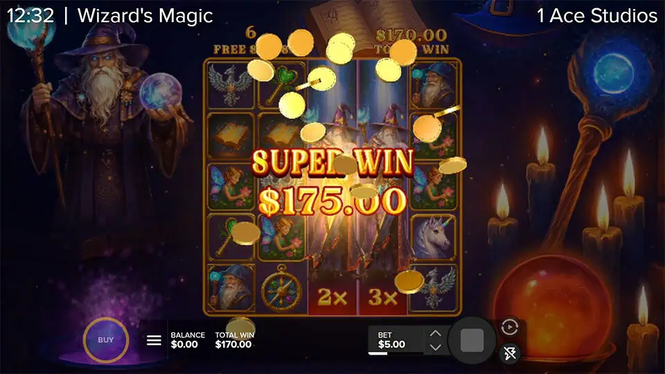 Super Win screen in Wizard’s Magic slot with bright golden coin bursts and highlighted text over a glowing reel setup.