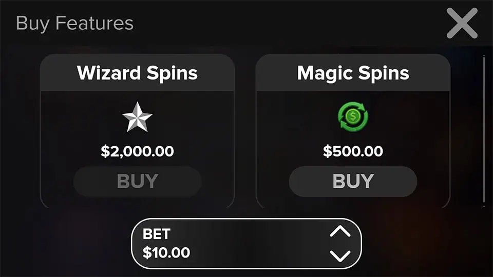 Bonus buy screen in Wizard’s Magic slot offering two purchase modes – Wizard Spins and Magic Spins.