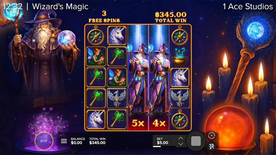 Expanding Wilds in Wizard’s Magic slot shown with highlighted multipliers like 5x and 4x locked during Free Spins on adjacent reels.